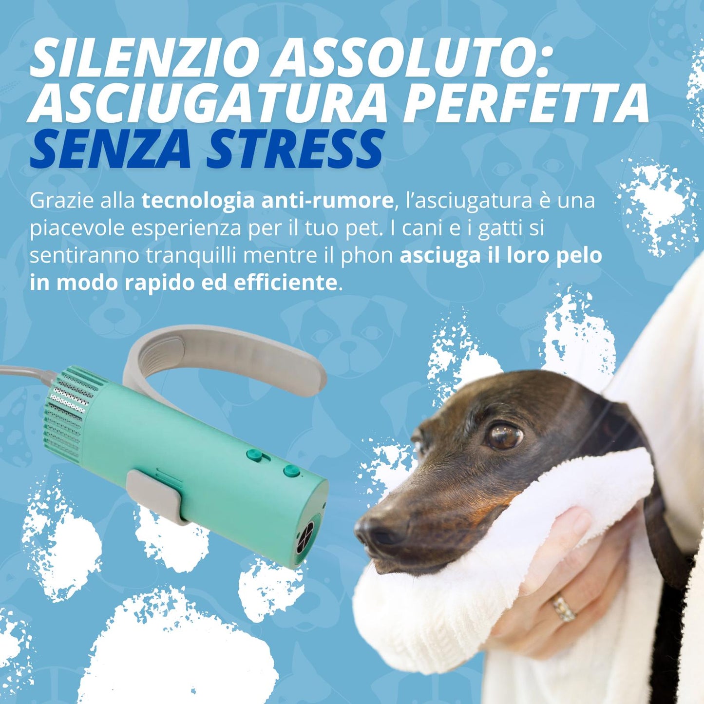 AnimArtì MamaPù 1°Edizione - Phon per Cani Ultra Leggero e Silenzioso - con Supporto da Collo per Mani Libere di Spazzolare - 1400W