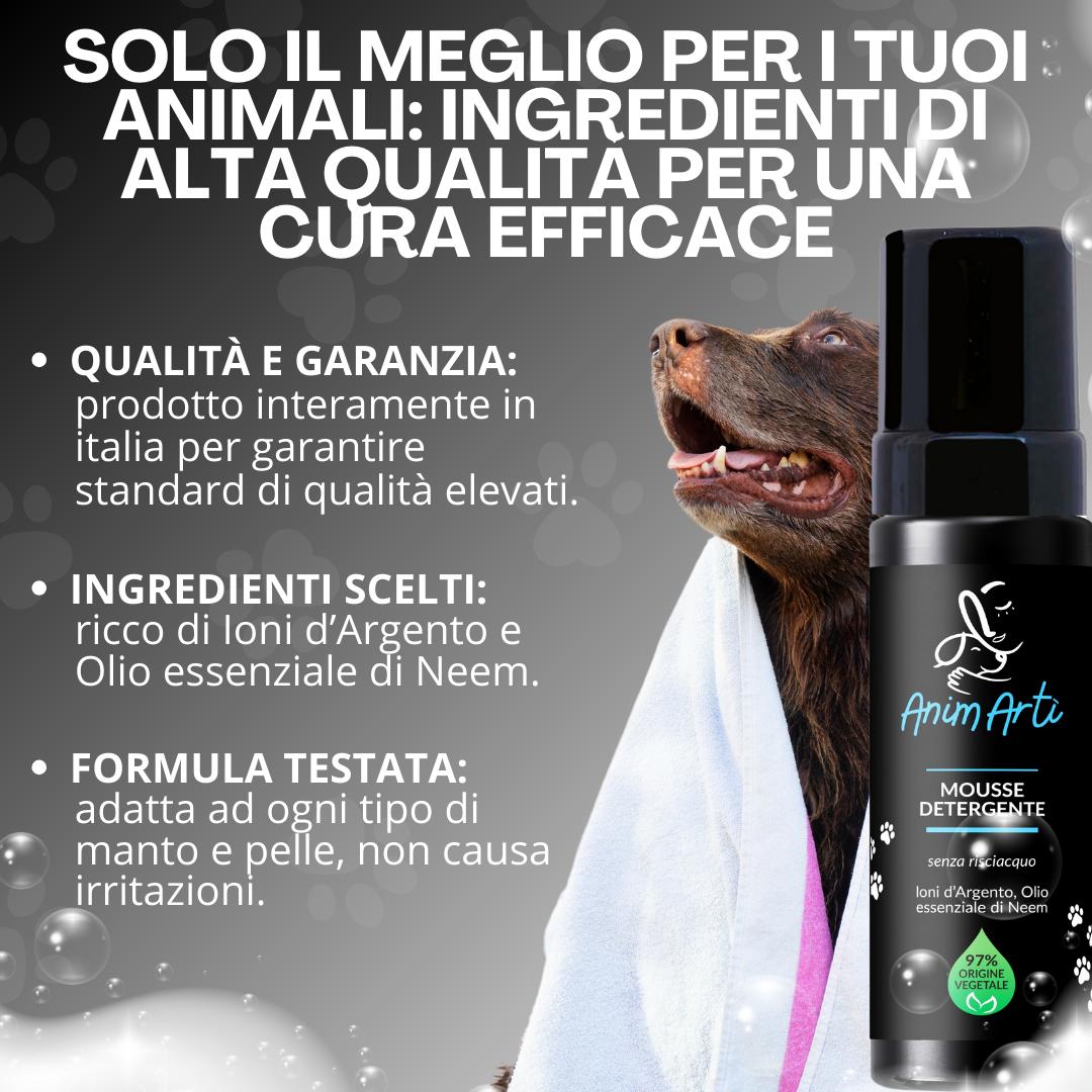 AnimArtì Shampoo a Secco Per Cani e Gatti - Mousse Detergente Senza Risciacquo - 97% Origine Vegetale con Ioni d'Argento e Olio Essenziale di Neem - 150ml