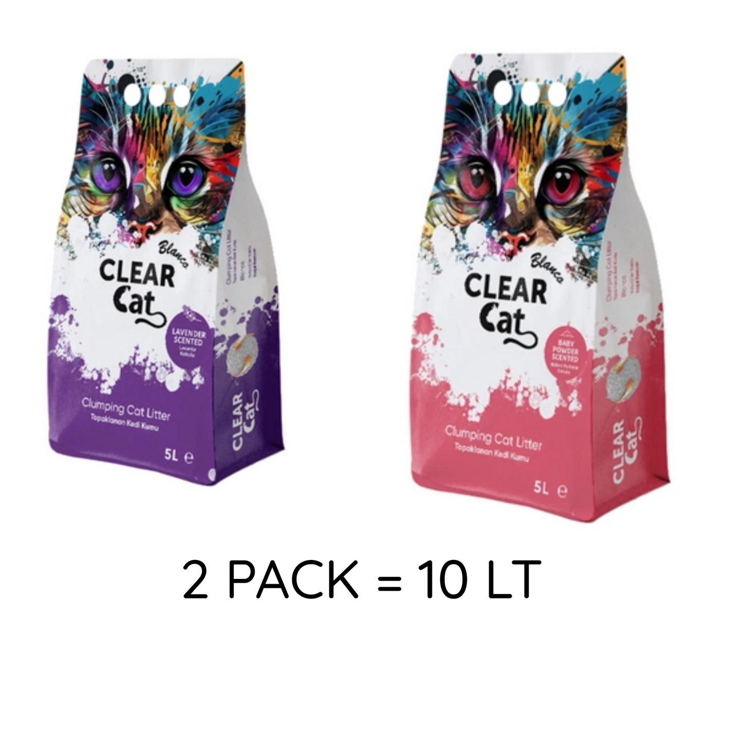 Clear Cat Lettiera Gatto - Bentonite Agglomerante 5 L 2 PACK Talco + Lavanda