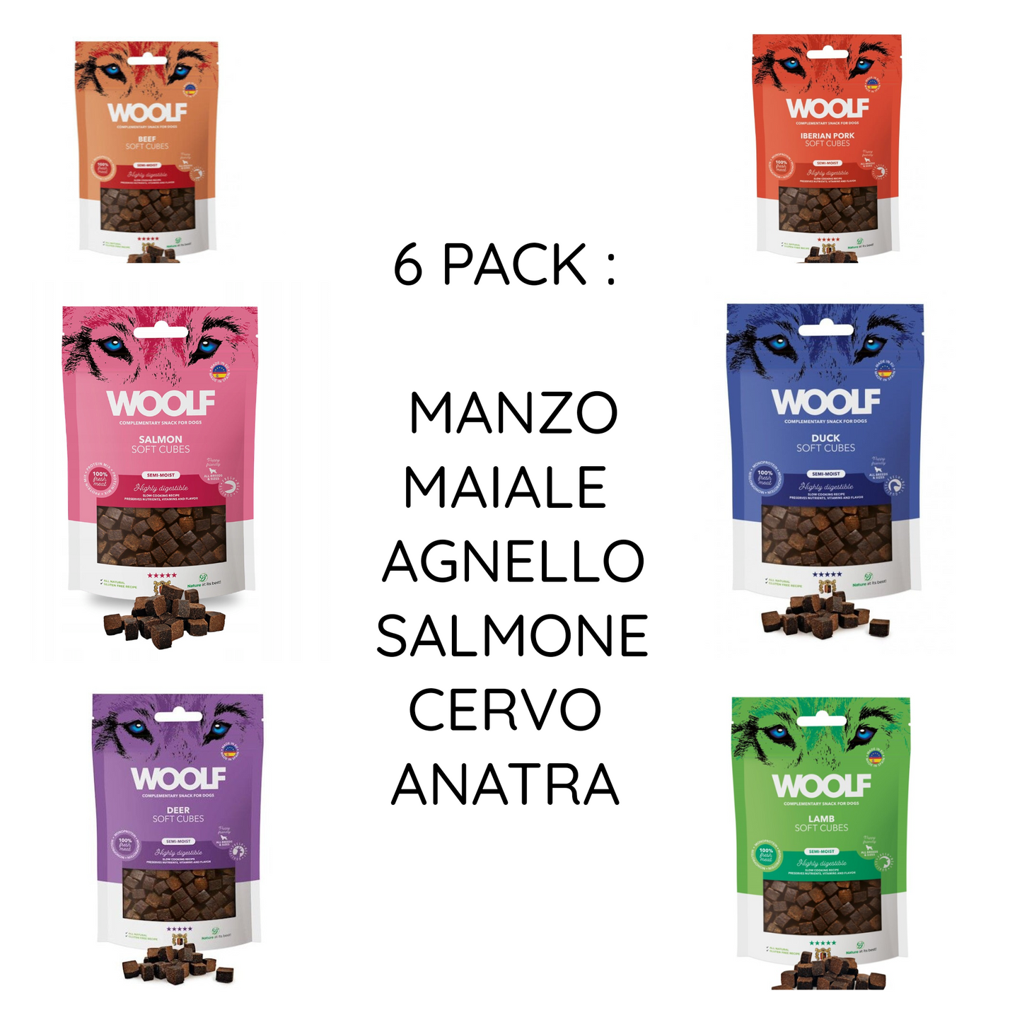 NEW WOOLF Soft Cubes - Morbidi Cubetti 100% Carne 100g x 6 PACK