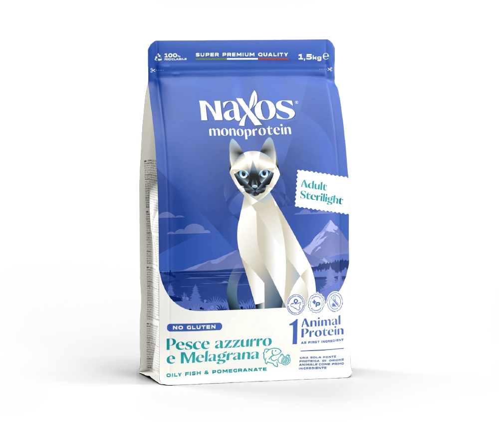Naxos Monoprotein - Croccantini per Gatti Sterilizzati - Pesce Azzurro e Melagrana 1,5kg