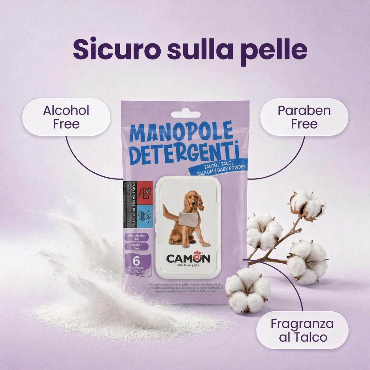 Camon Manopole Detergenti per Cani e Gatti - Profumate al Talco (6 Guanti)