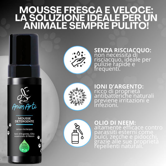 AnimArtì Shampoo a Secco Per Cani e Gatti - Mousse Detergente Senza Risciacquo - 97% Origine Vegetale con Ioni d'Argento e Olio Essenziale di Neem - 150ml