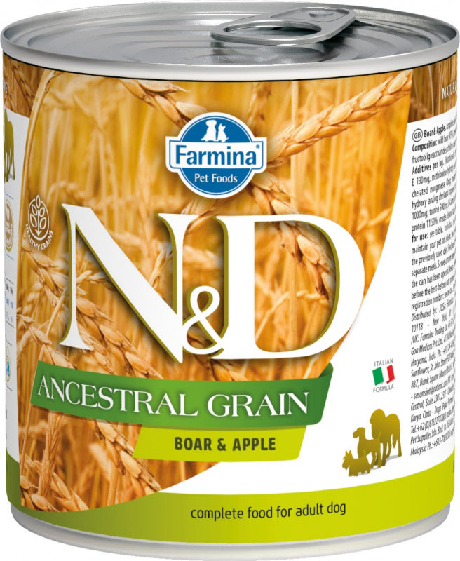 Farmina N&D ancestral grain
Paté completo per cani adulti
Cinghiale e mela 285gr