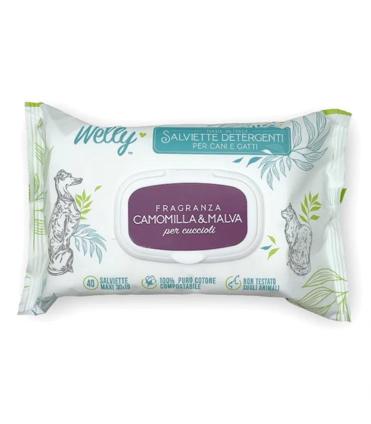 Welly salviette detergenti per cani e gatti
Fragranza CAMOMILLA E MALVA