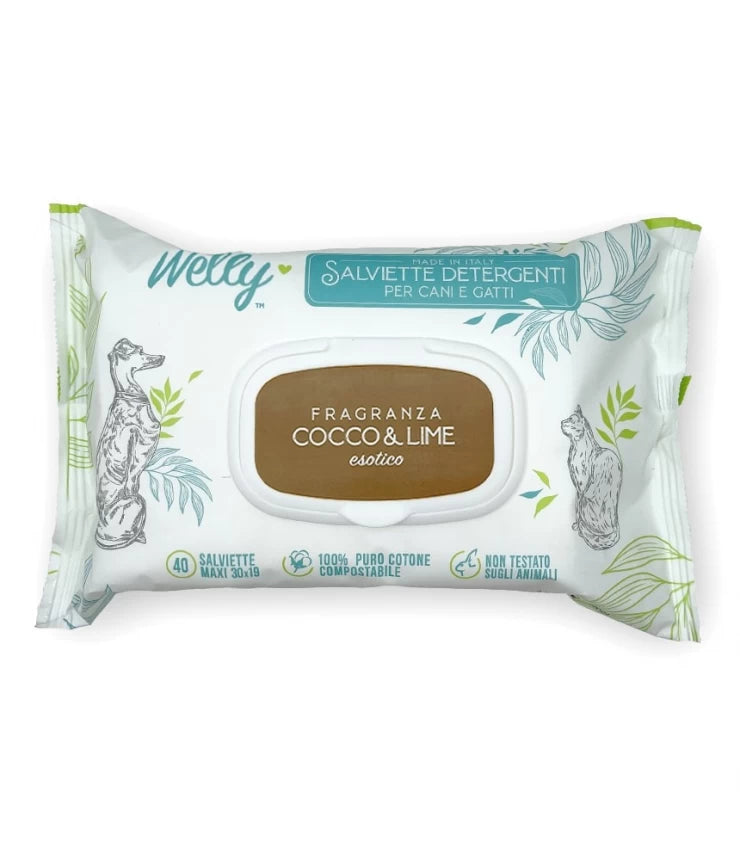 Welly salviette detergenti per cani e gatti
Fragranza COCCO E LIME