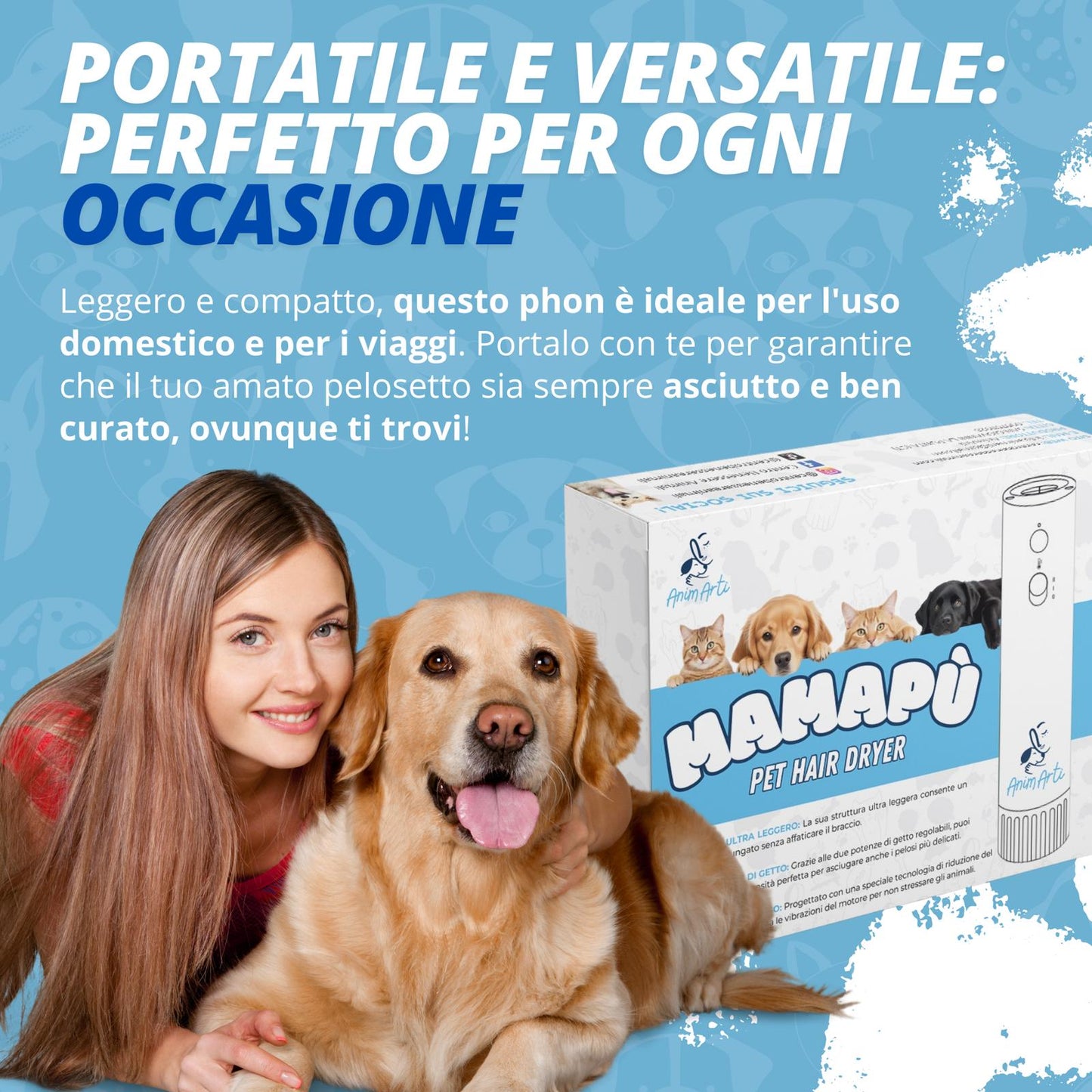 AnimArtì MamaPù - Phon per Cani Ultra Leggero e Silenzioso - con Supporto da Collo per Mani Libere di Spazzolare - 1400W