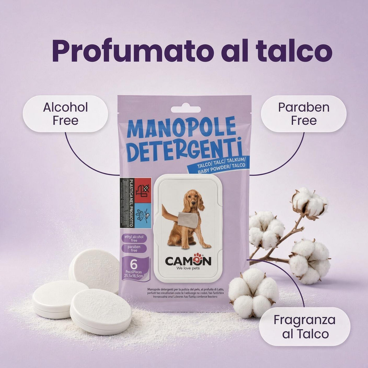Camon Manopole Detergenti per Cani e Gatti - Profumate al Talco (6 Guanti)