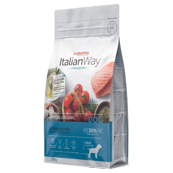 Giuntini Italian Way Croccantini Cani Medium/Maxi Adult Hypoallergenic Salmone e Aringhe Gluten Free 12kg