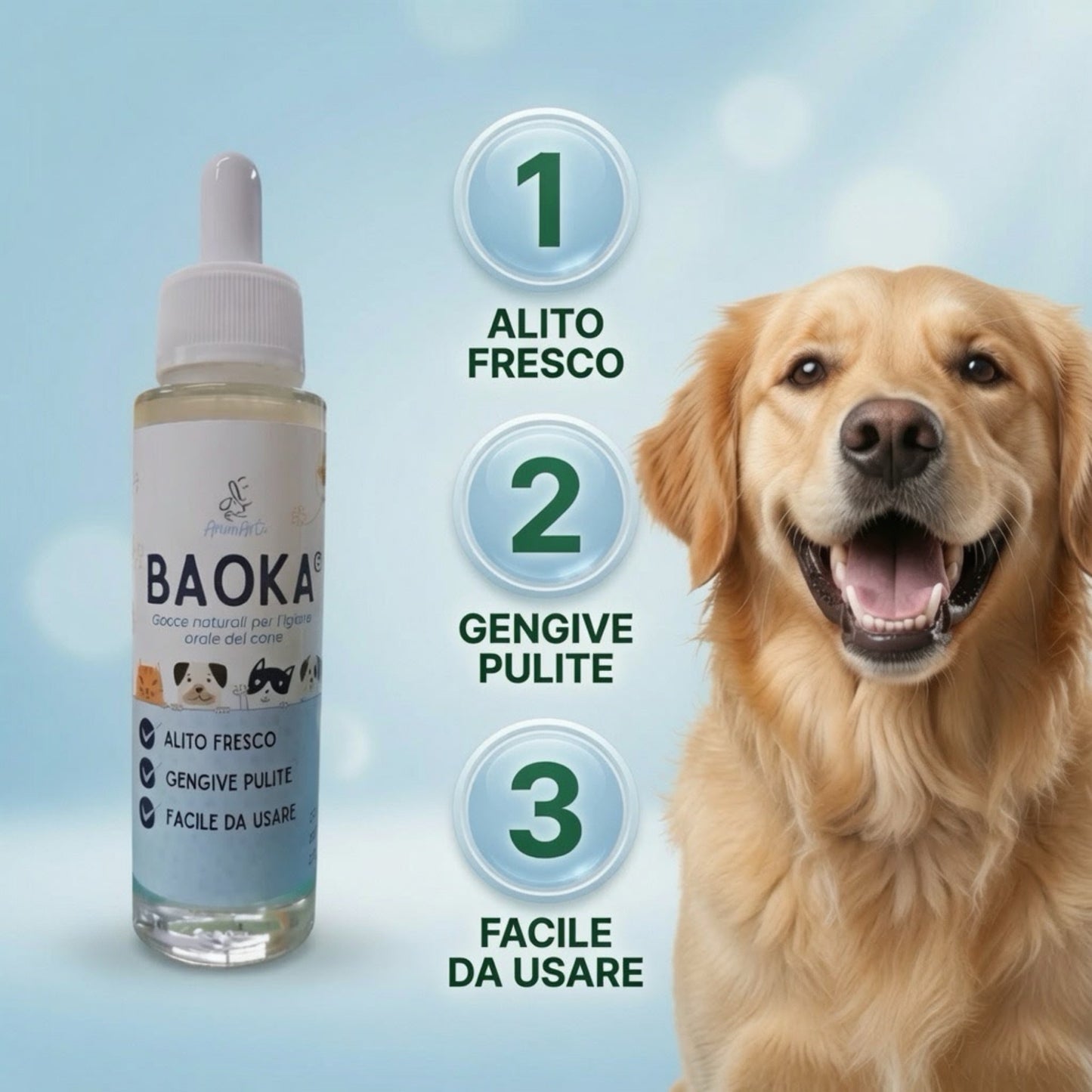 AnimArtì BAOKA® Gocce Pulizia Denti Cane Naturale - Additivo Acqua Denti Cane e Igiene Orale Quotidiana - Soluzione Sciogli Tartaro Cane e Placca, Elimina Alitosi Cane, Alternativa a Polvere e Spazzolino - 50ml