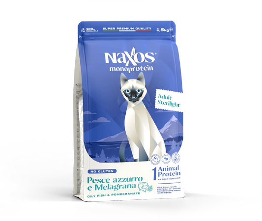 Naxos Monoprotein - Croccantini per Gatti Sterilizzati - Pesce Azzurro e Melagrana 1,5kg