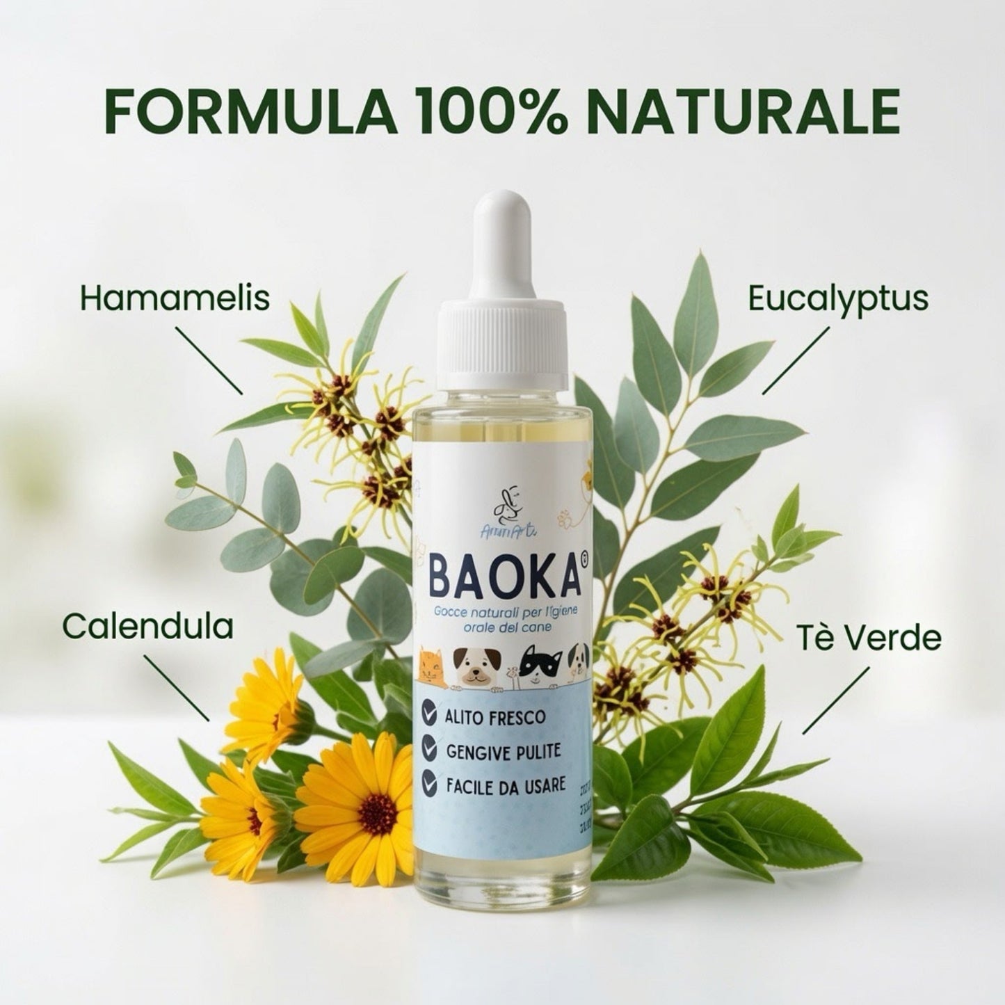 AnimArtì BAOKA® Gocce Pulizia Denti Cane Naturale - Additivo Acqua Denti Cane e Igiene Orale Quotidiana - Soluzione Sciogli Tartaro Cane e Placca, Elimina Alitosi Cane, Alternativa a Polvere e Spazzolino - 50ml