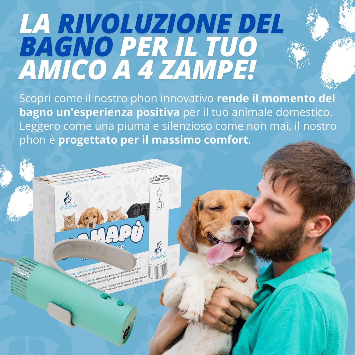 AnimArtì MamaPù - Phon per Cani Ultra Leggero e Silenzioso - con Supporto da Collo per Mani Libere di Spazzolare - 1400W