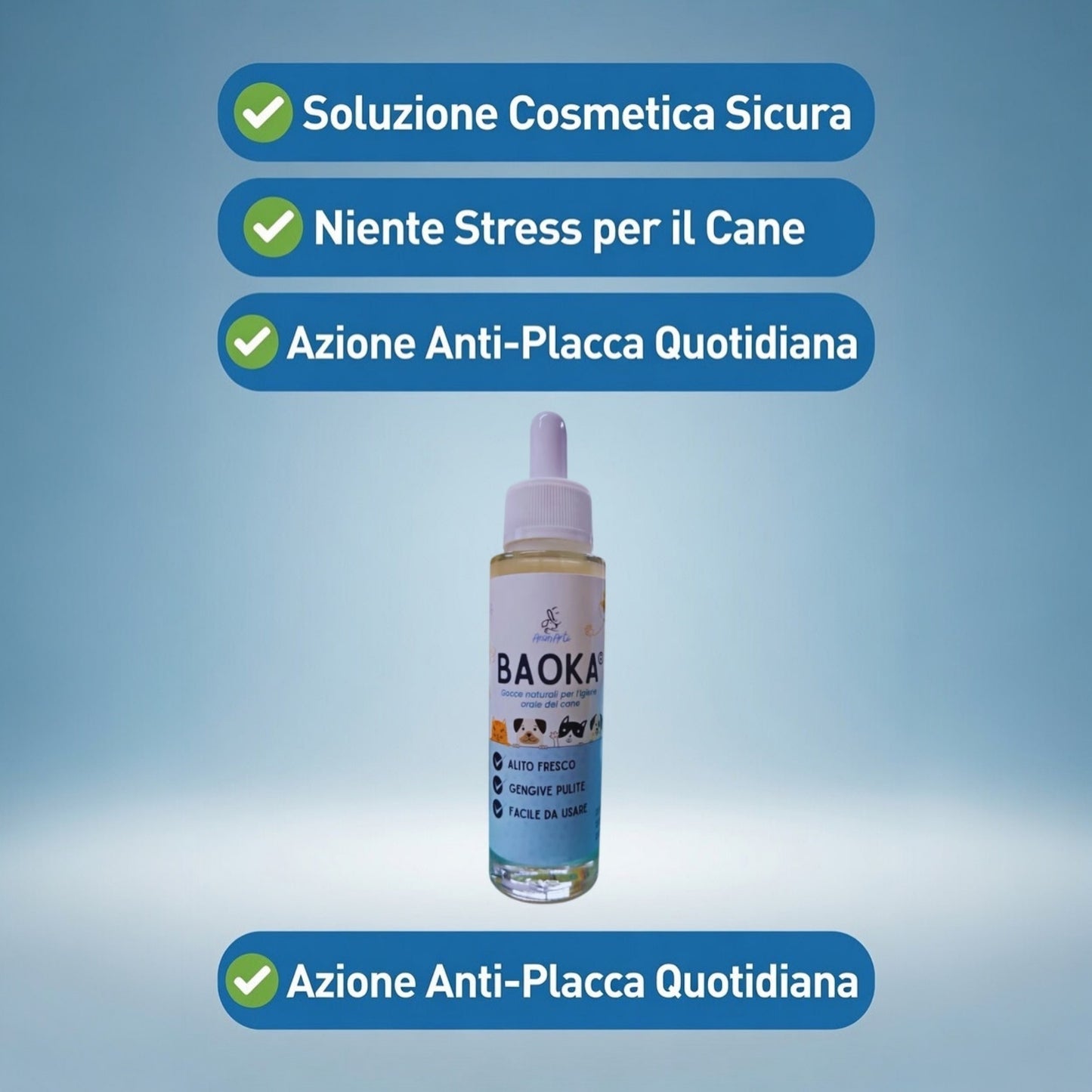 AnimArtì BAOKA® Gocce Pulizia Denti Cane Naturale - Additivo Acqua Denti Cane e Igiene Orale Quotidiana - Soluzione Sciogli Tartaro Cane e Placca, Elimina Alitosi Cane, Alternativa a Polvere e Spazzolino - 50ml
